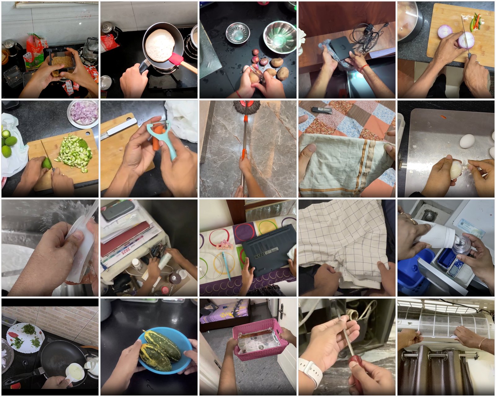 Grid of representative egocentric frames spanning household scenes, actors, and lighting conditions.