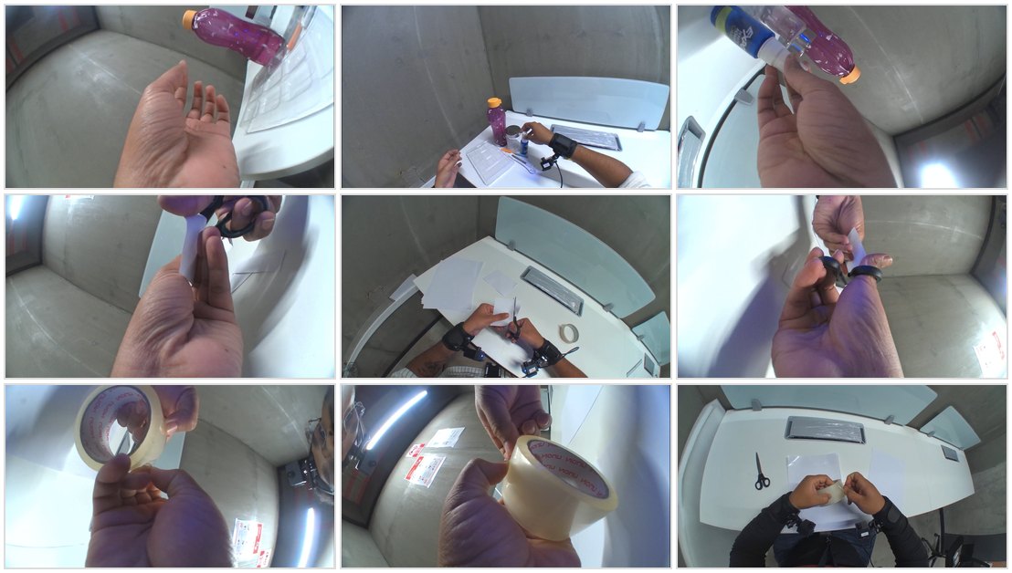 Grid of tri-camera frames. Each row is a bimanual manipulation task; the three frames in a row are the same time step from the head-mounted camera and one camera on each wrist.